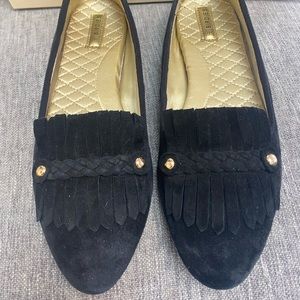 Birdies black suede loafers with fringe. Excellent condition